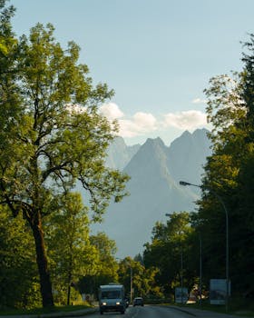 A tranquil road surrounded by lush green trees and distant mountains under a clear sky.