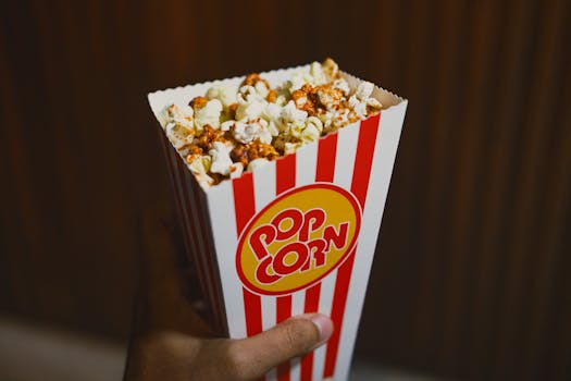 Close-up of buttered popcorn in a red-striped box, perfect for movie nights.