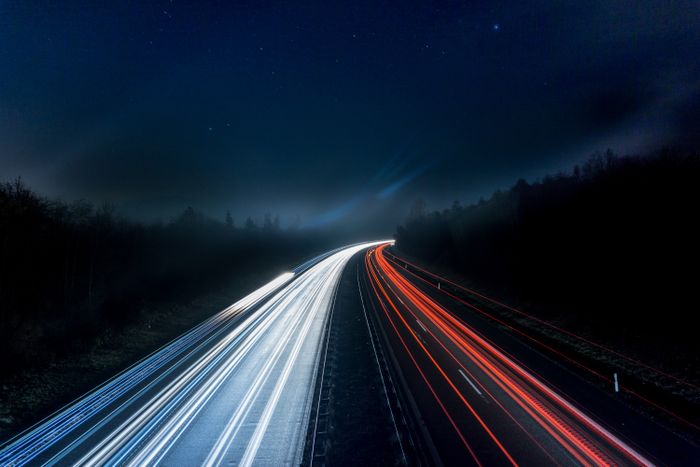 Light trails on a highway at night