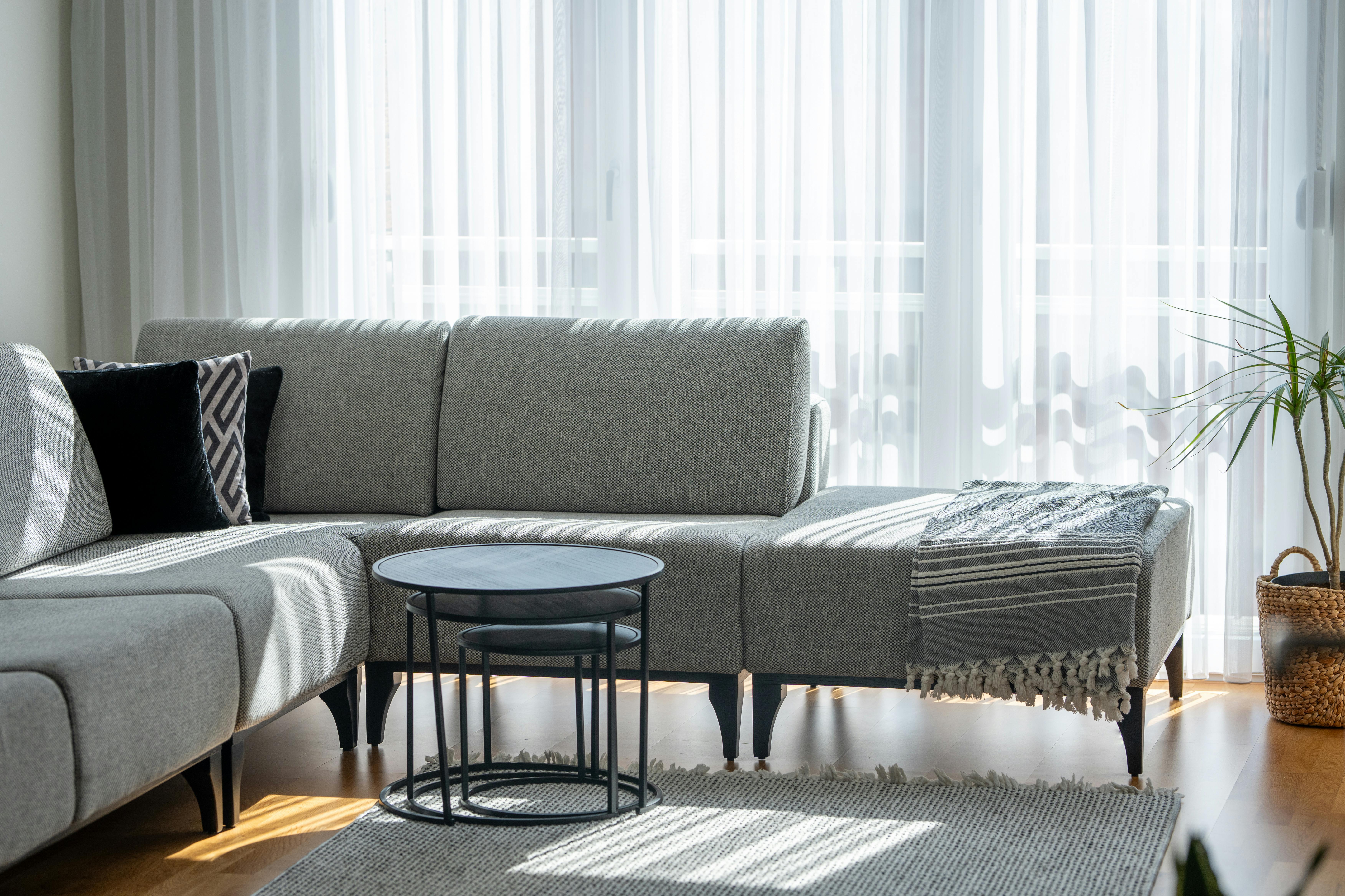 Salon w stylu skandynawskim z tapczanem w szarej tkaninie i legowiskiem dla psa obok