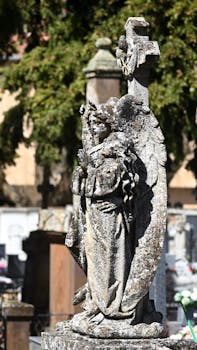 Weathered stone angel statue in Soria cemetery under the sunlight.