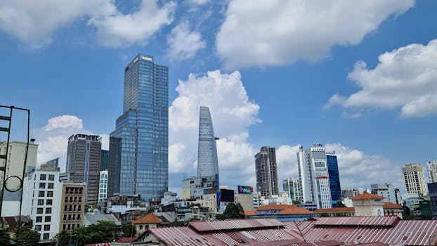 High-rise buildings and blue sky in Ho Chi Minh City, Vietnam.
