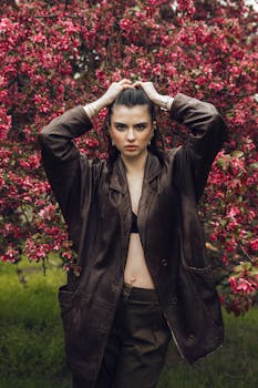 Stylish woman in brown coat poses in front of vibrant pink blossoms outdoors in Istanbul.