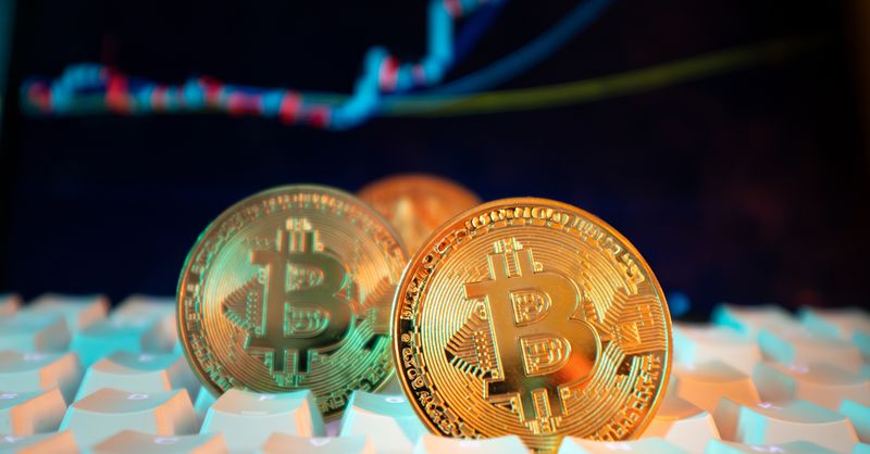 Abstract editorial data-visualization illustration in balanced, blue-toned tones representing BTC and the broader cryptocurrency market — crypto scenario analysis.