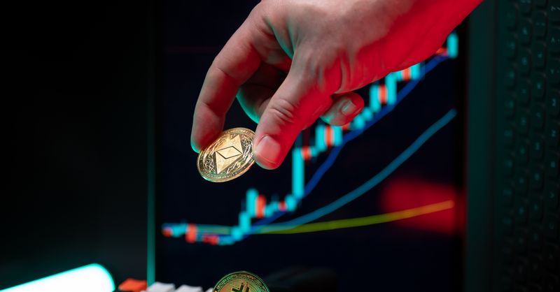 Abstract editorial data-visualization illustration in balanced, blue-toned tones representing ETH and the broader cryptocurrency market — crypto scenario analysis.