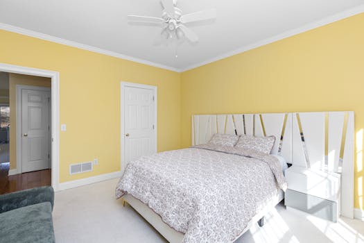 Spacious yellow bedroom with stylish white furniture and natural light.