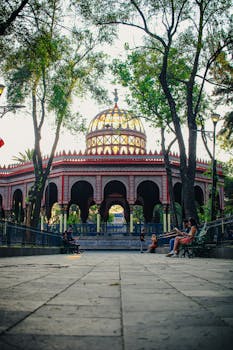 Stunning view of the iconic Kiosco Morisco, Ciudad de México, vibrant architecture in a park setting.