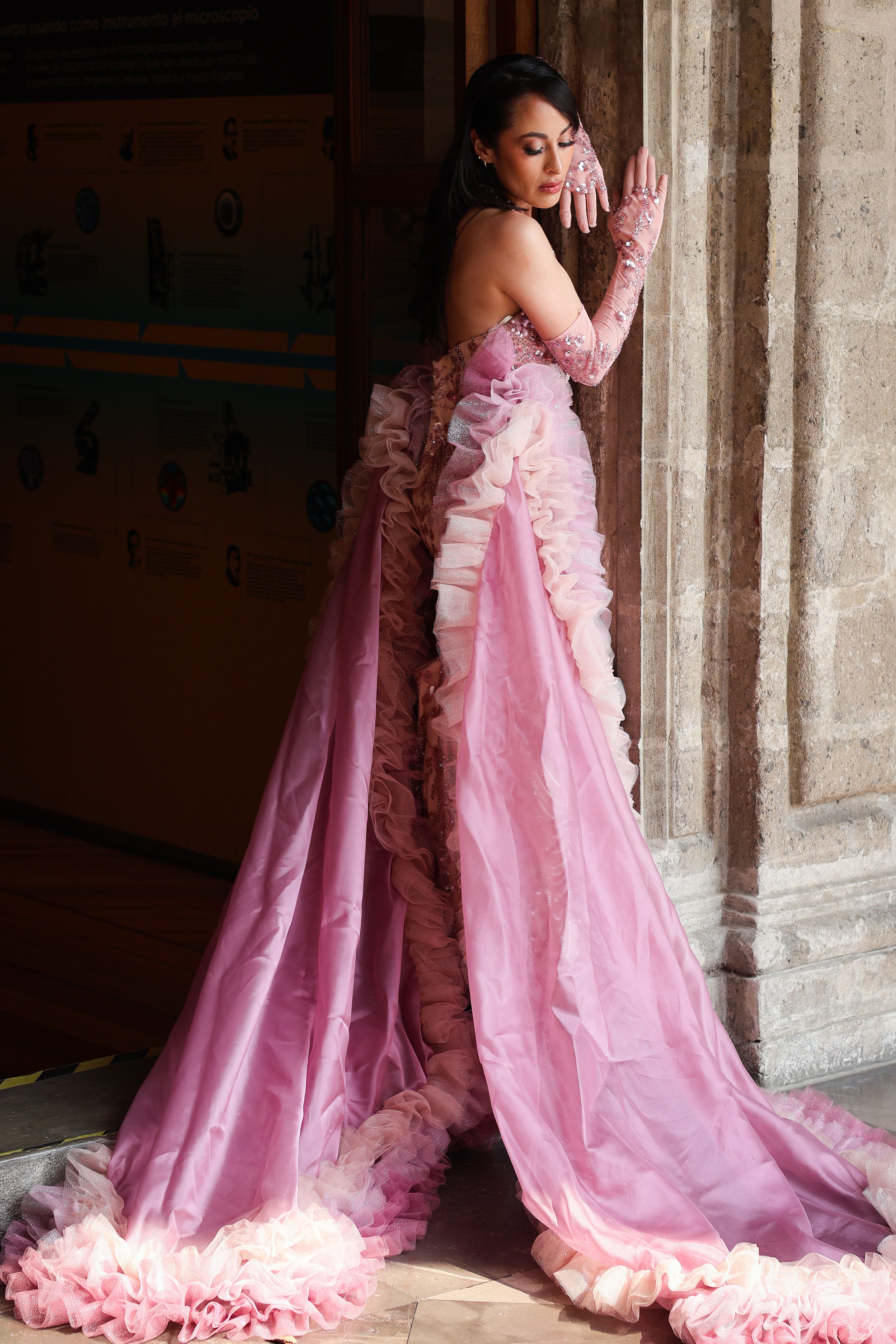 strapless open back dress Pink & Red Floral Corset Tulle Dress main image 0