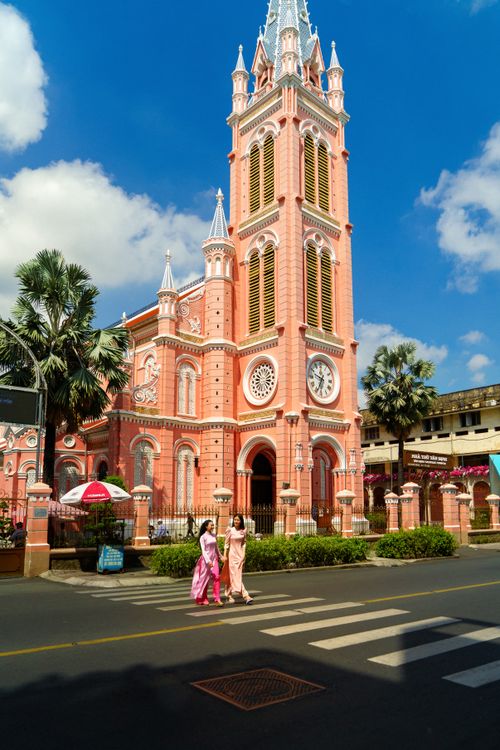Free Explore the vibrant pink facade of Tan Dinh Church, an iconic religious site in Ho Chi Minh City, Vietnam. Stock Photo