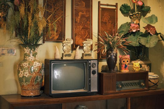Cozy vintage living room with retro TV, floral vases, and classic decor elements.