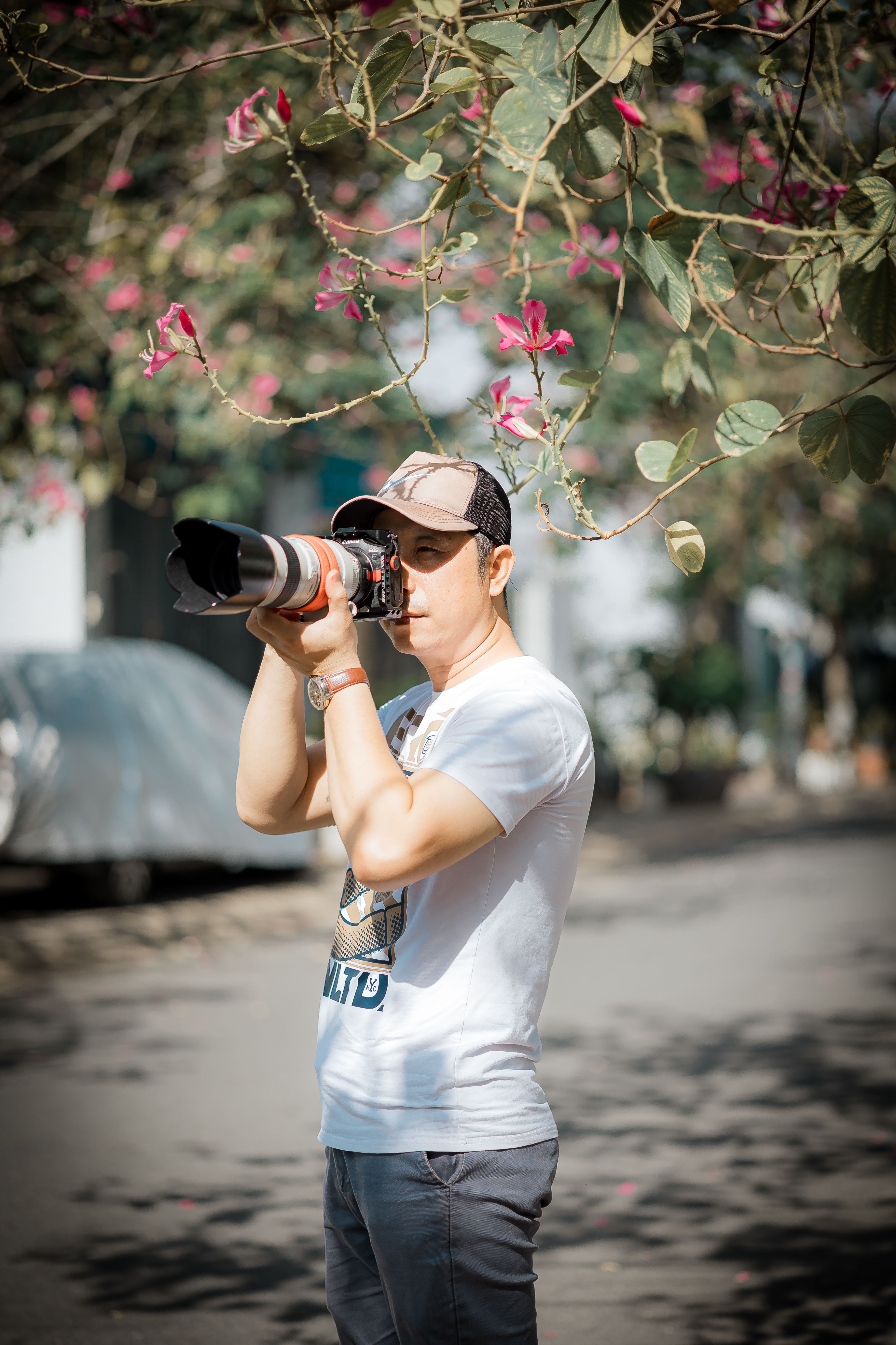 Man with camera photographing outdoors under blooming trees.
