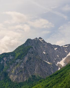 Breathtaking view of a snow-capped mountain range with lush greenery, ideal for adventure seekers. 31608759