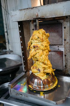 Outdoor cooking of yellow-marinated shawarma on a vertical rotisserie, sizzling and aromatic.