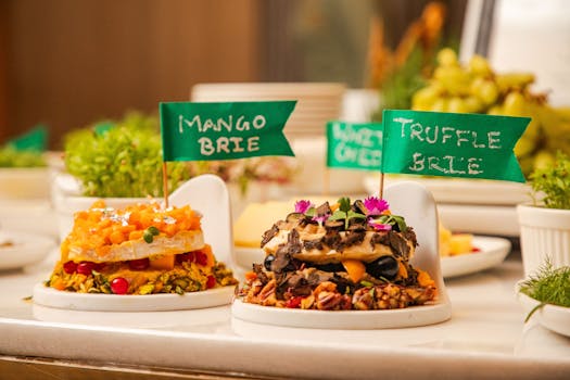 Artisan cheese platter featuring mango and truffle brie with gourmet garnishes in a vibrant setting.