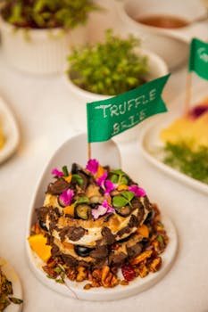 Luxurious truffle salad garnished with edible flowers and greens, perfect for gourmet dining.
