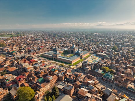 A breathtaking aerial view showcasing the iconic Jamia Masjid amidst the bustling cityscape of Srinagar.