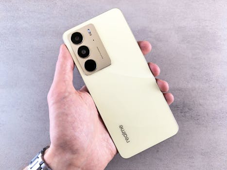 Close-up of a hand holding a light-colored smartphone on a textured grey background.