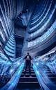 在未来派摩天大楼的自动扶梯场景中，一个人站立着，捕捉现代城市设计的精髓