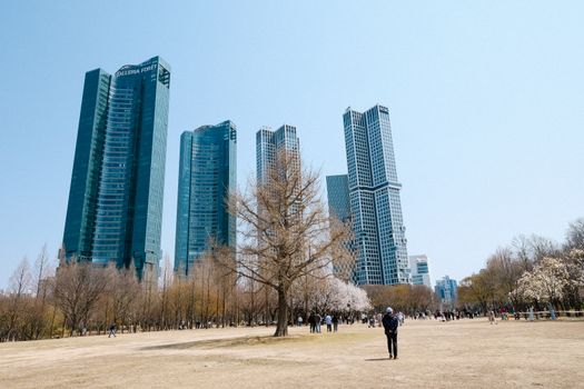 Scenic view of towering skyscrapers over a serene city park in early spring.