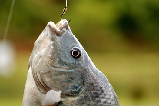 A detailed close-up of a fish on a fishing hook in Guaratuba, Brazil.