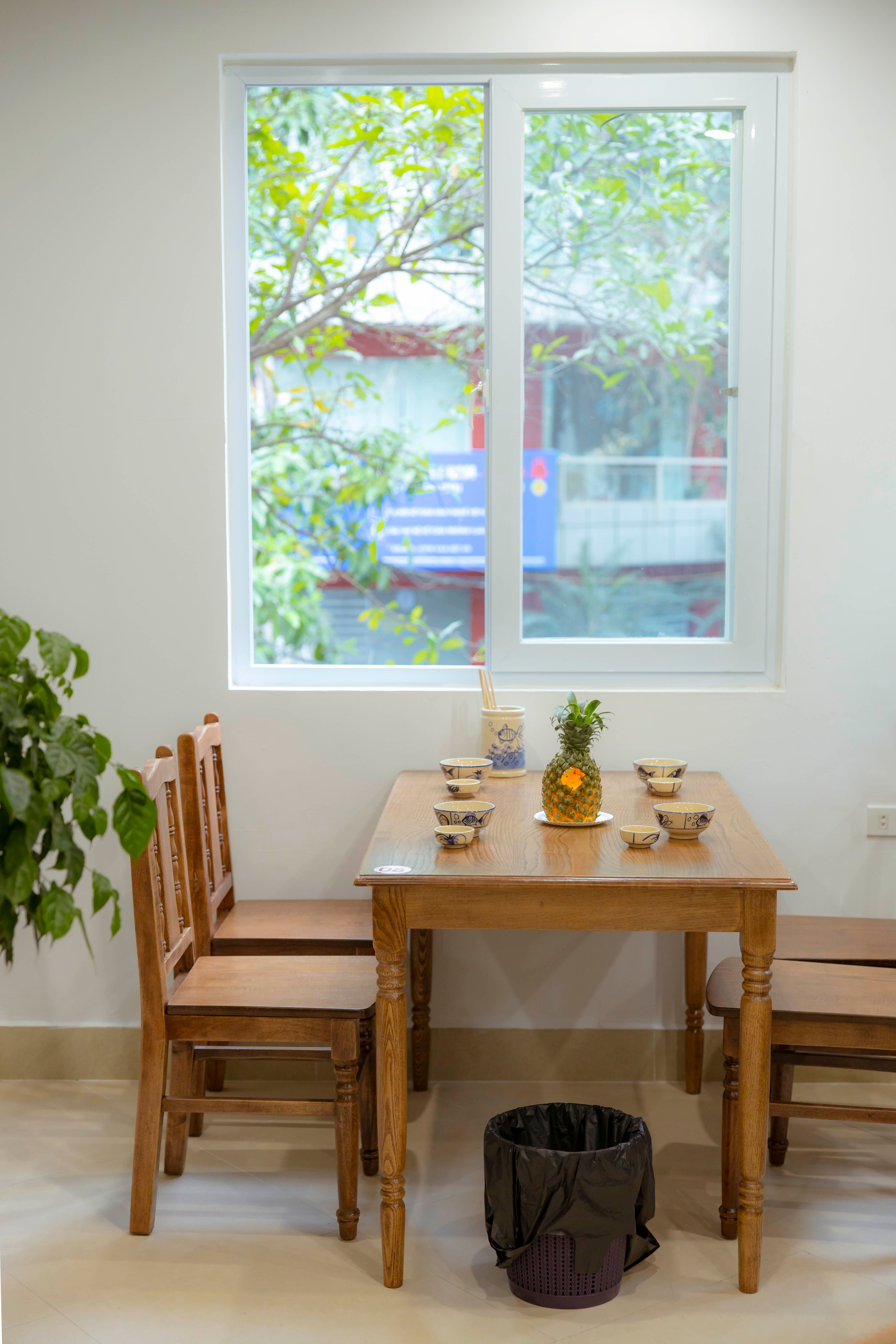 Minimalist dining area with a rug and a view of green foliage