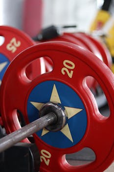 Red and blue weight plates with star design stacked on a barbell in a gym.
