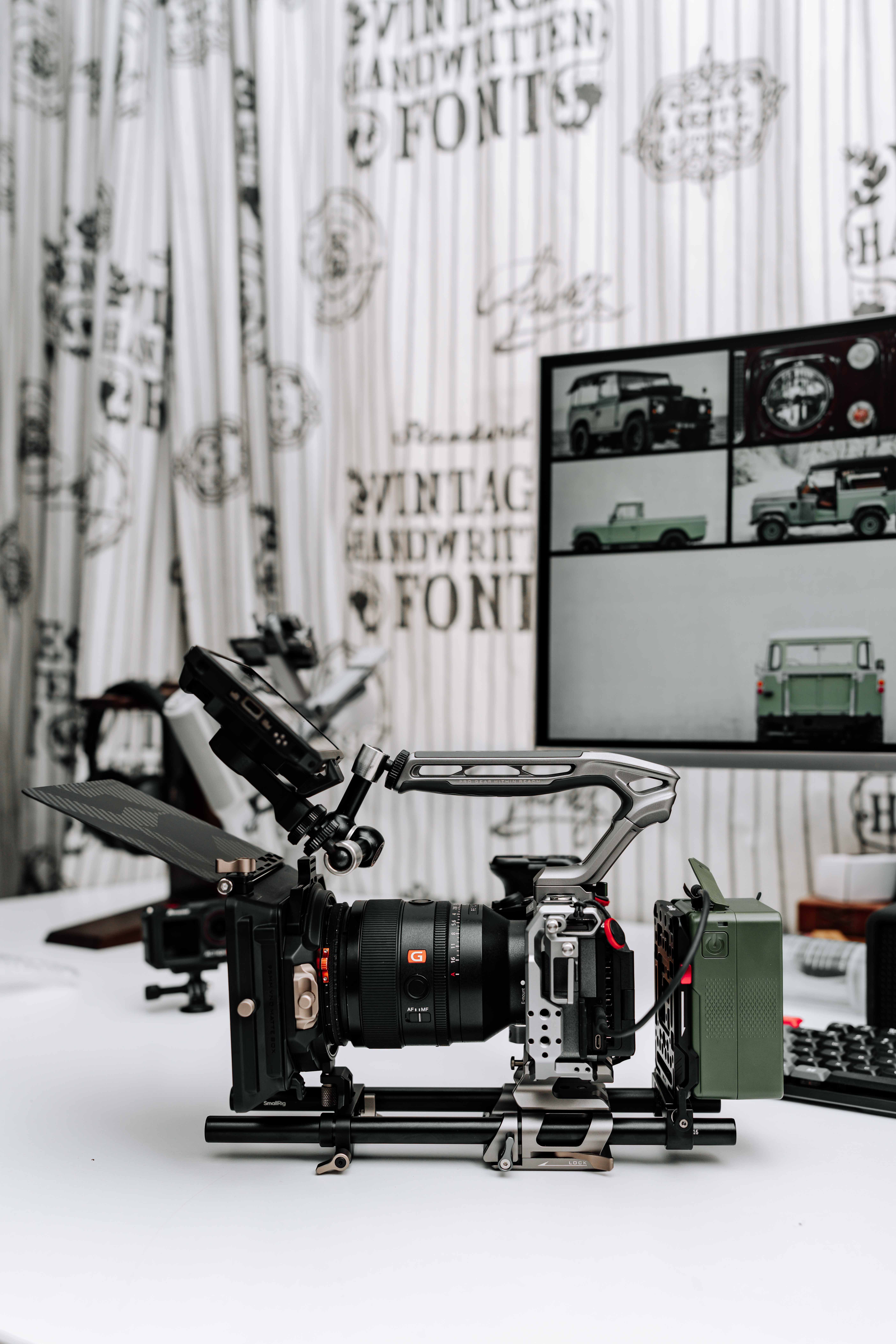 High-end camera rig with monitor in a studio setting, perfect for filmmaking and photography.