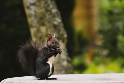 Cute squirrel eating with tree backdrop, perfect for wildlife and nature photography enthusiasts.