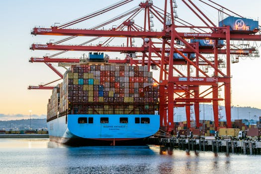 A large container ship is docked at a bustling port with red cranes loading cargo.