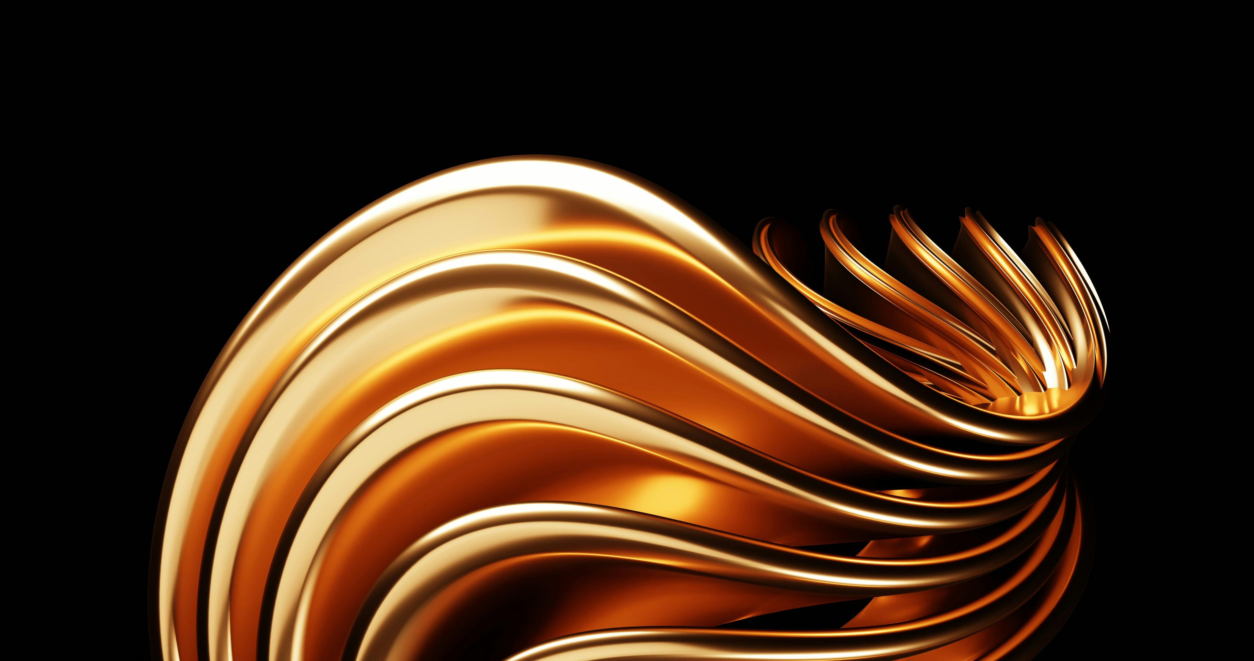 無料 暗い背景に流れるようなラインを描く精巧な金色の抽象彫刻。優雅さとモダンさが漂います。 写真素材