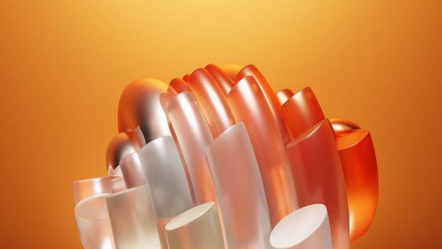 Abstract orange glass-like sculpture with gradient background.