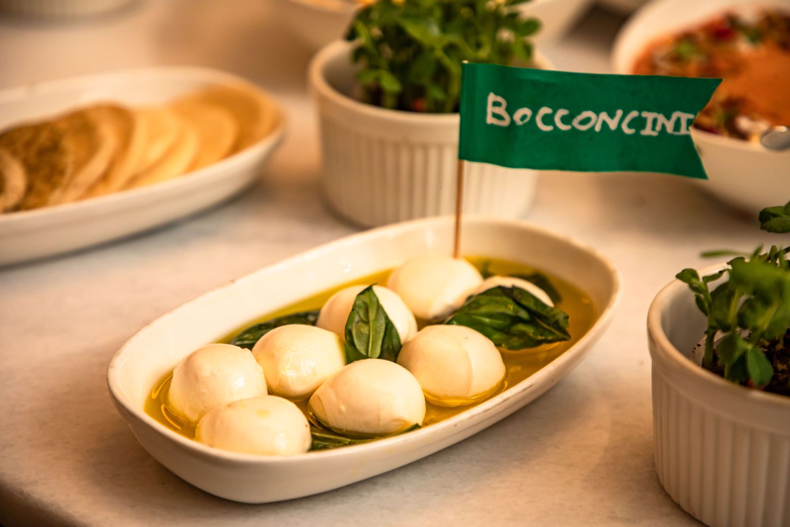 fresh mozzarella bocconcini with basil in olive oil
