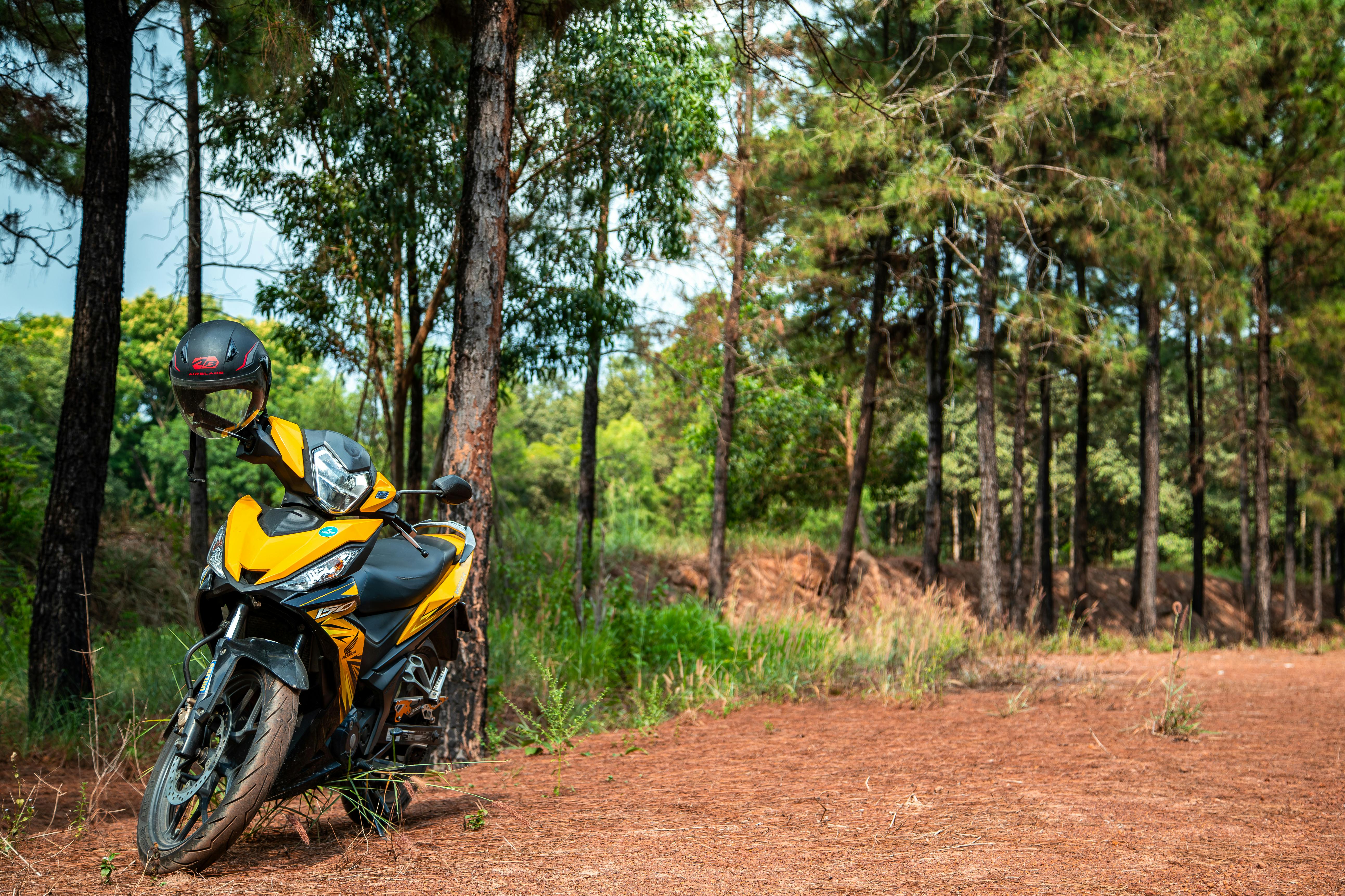 Yellow motorcycle parked on a scenic forest path, perfect for adventure.