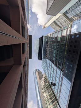 Modern skyscrapers captured from a unique low angle showcasing urban architecture.