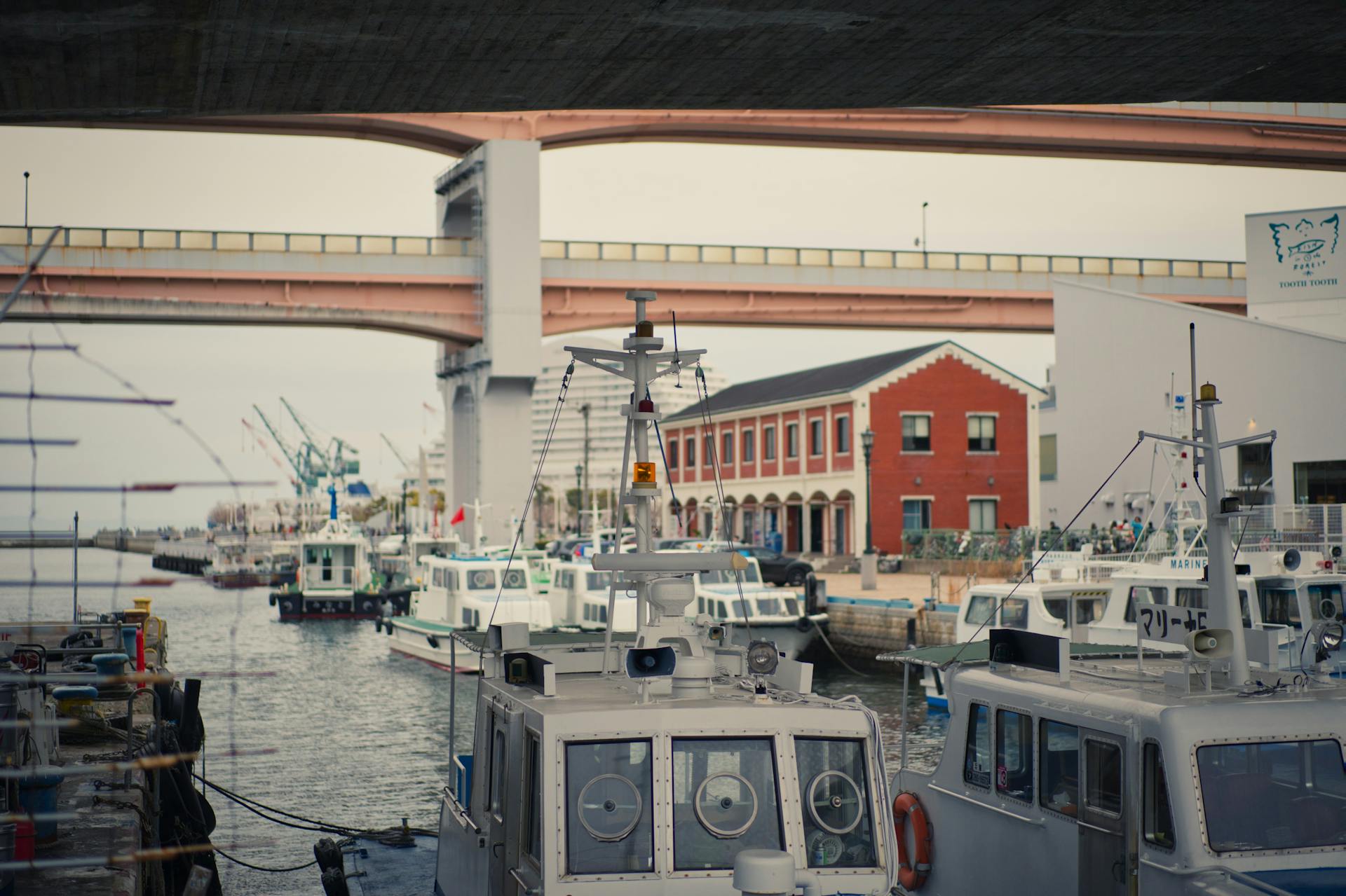 Boats docked under a bridge in a bustling harbor with industrial elements.
