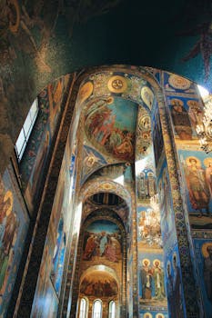 Intricate mosaics inside Church on Spilled Blood capture the essence of Orthodox art, St. Petersburg, Russia.