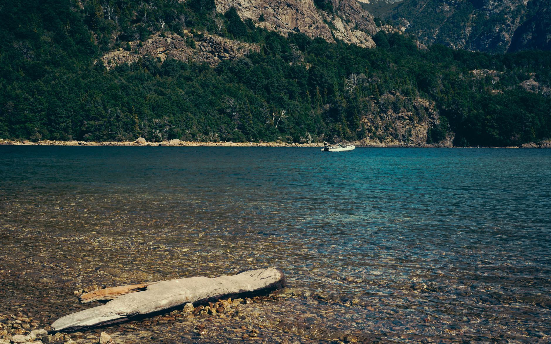 Serene view of lake and forested mountains in Bariloche, Argentina.