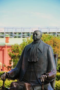 A bronze statue of Peter the Great in the summer sun at Peter and Paul Fortress, Saint Petersburg, Russia.