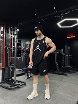 A man in a gym, wearing black sports attire, posing confidently with exercise equipment in background.