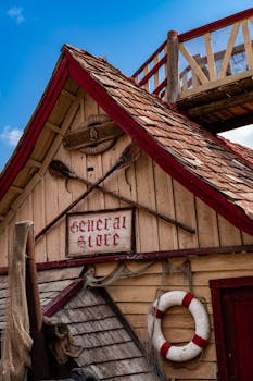 Rustic building at Popeye Village, showcasing nautical decor and traditional elements.