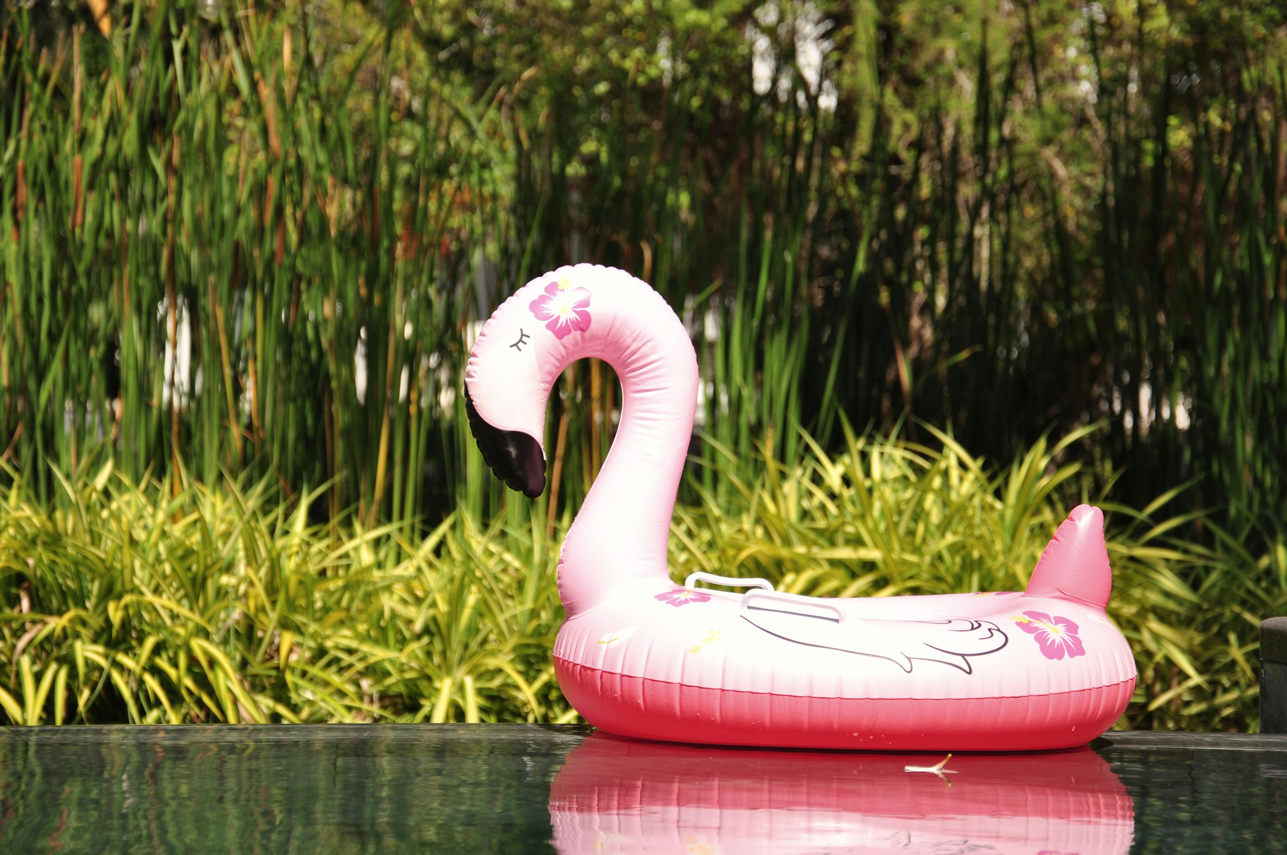 A vibrant pink flamingo pool float in a serene outdoor garden setting.