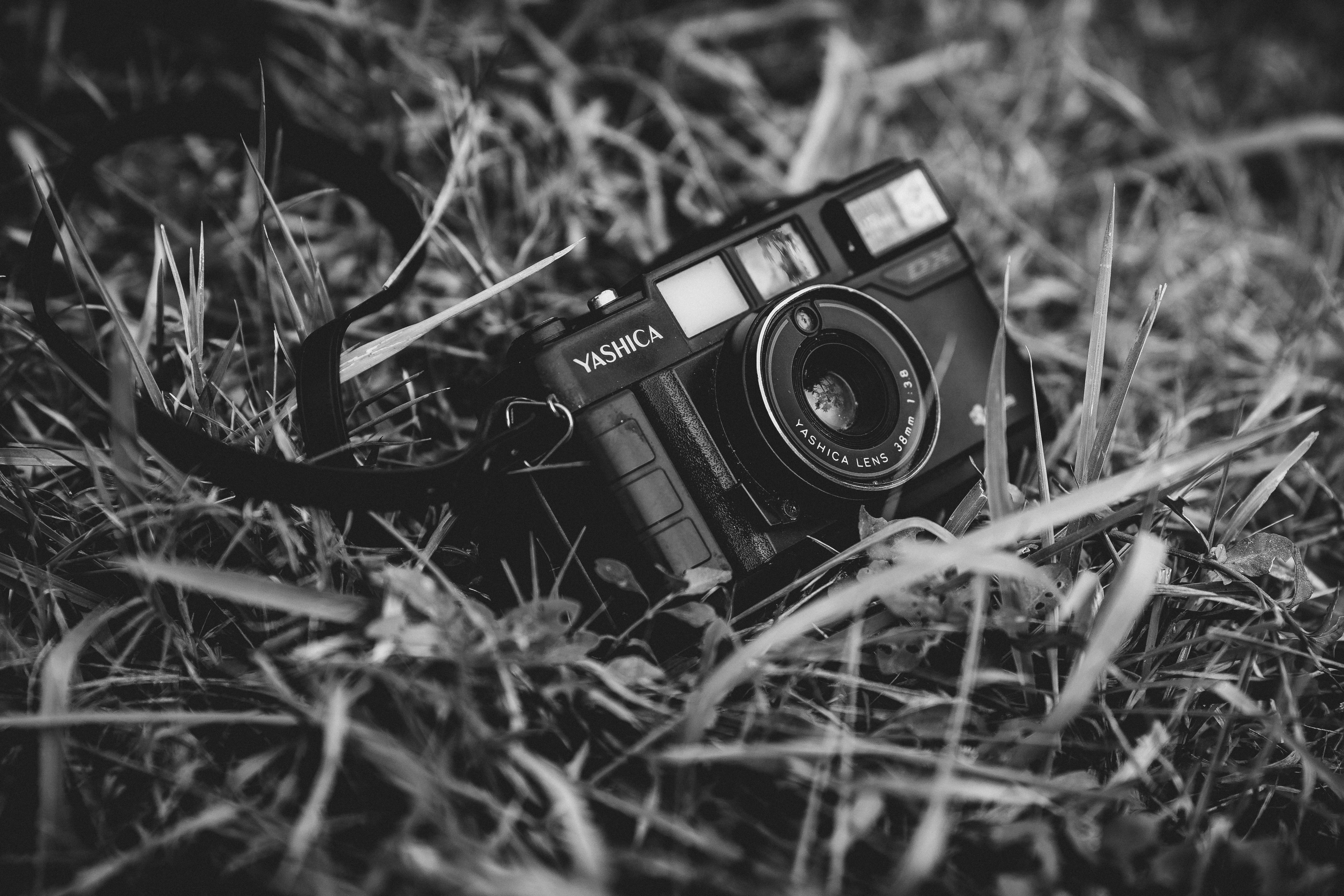Black and white photo of a classic film camera resting on grass, evoking a vintage feel.