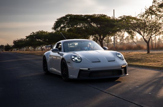 Sleek white sports car driving on a tree-lined road in Mexico at sunset.