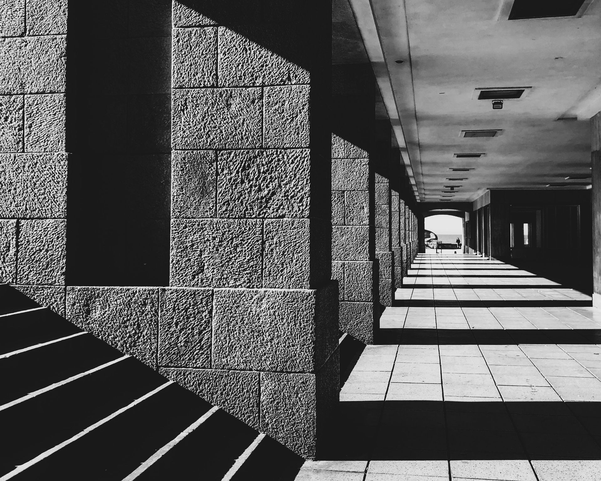 Dramatic shadows cast by architectural structures in Mar del Plata, Argentina.