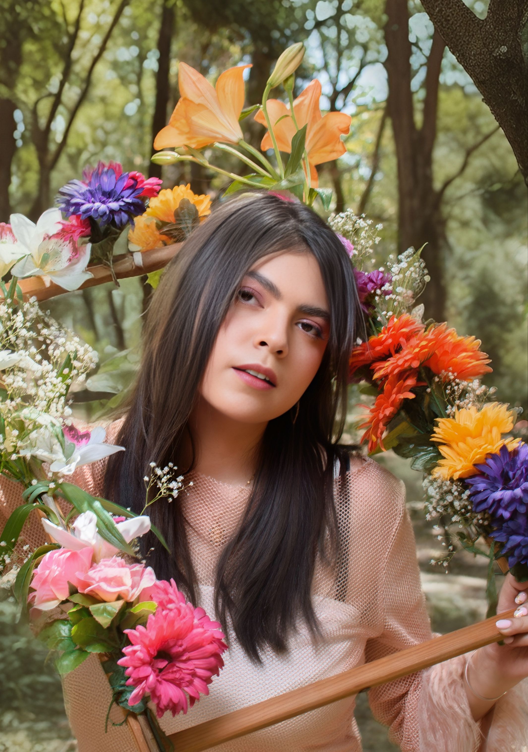 Spring Portrait with Floral Frame in Nature · Free Stock Photo