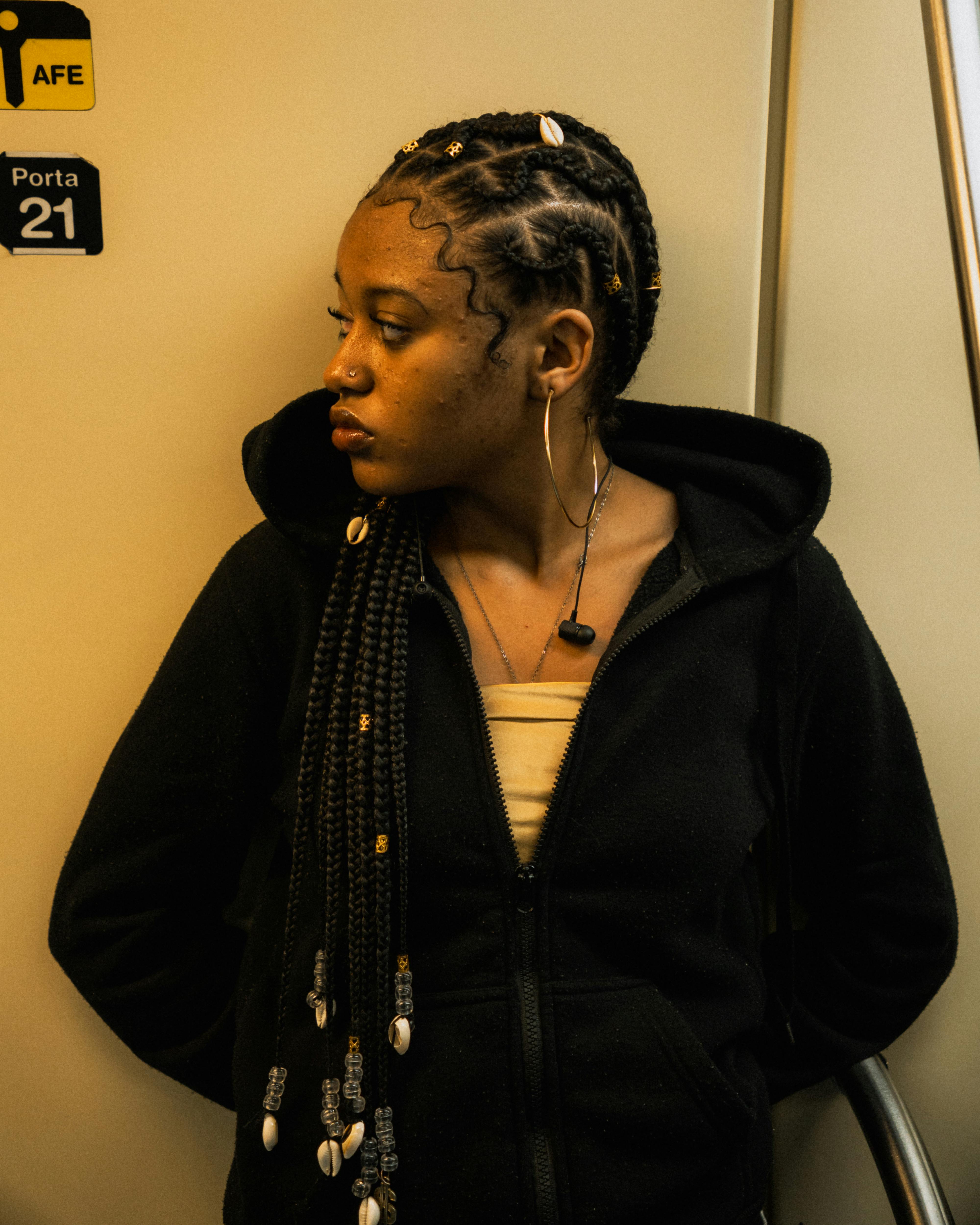 Woman wearing a practical travel necklace for adventure
