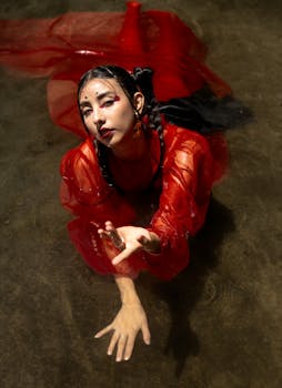 A woman in a red dress poses artistically on a dark floor with dramatic lighting.