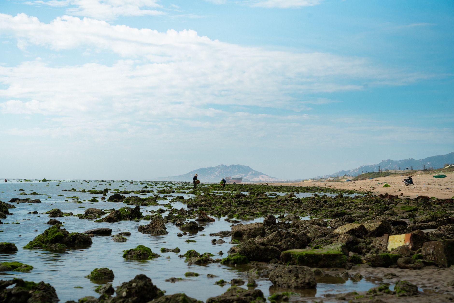 Explore a tranquil coastal landscape featuring rocky shores and distant mountains under a vibrant blue sky.