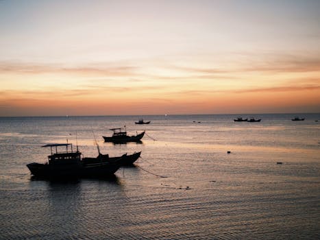 Idyllic image of fishing boats at sunset in Bình Thuận, Vietnam, capturing a serene coastal scene.