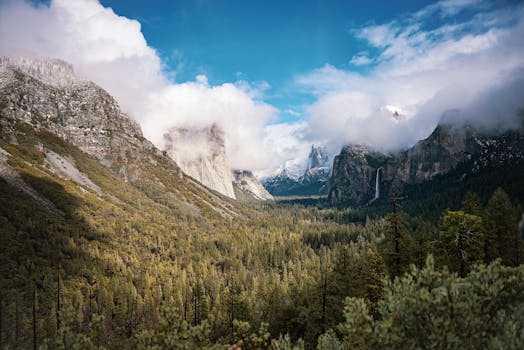 Breathtaking view of Yosemite Valley with El Capitan and Bridalveil Fall under a cloudy sky.